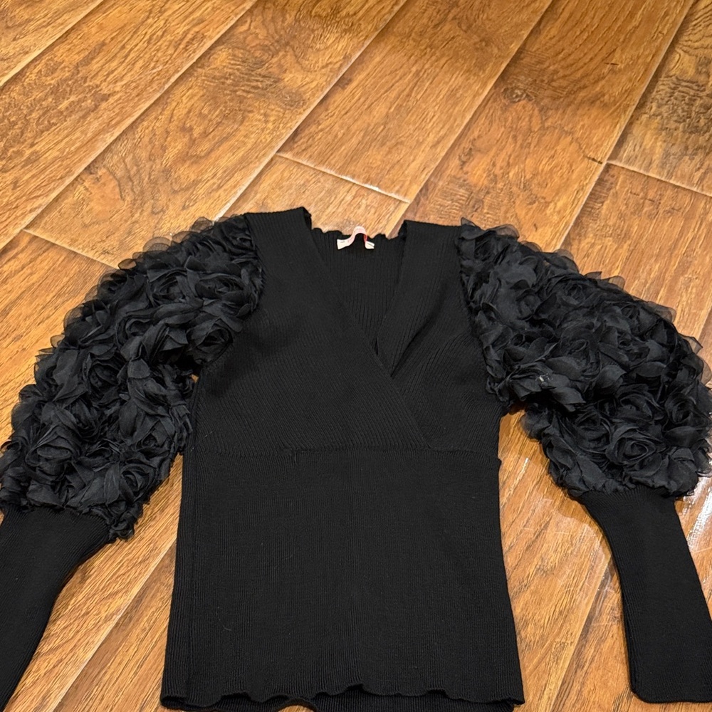 Black Sweater with Floral Puff Sleeves